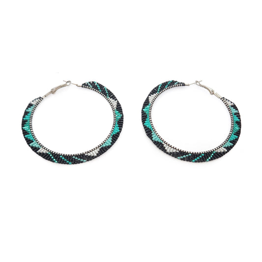 Large Teal & Black Beaded Hoop Earrings