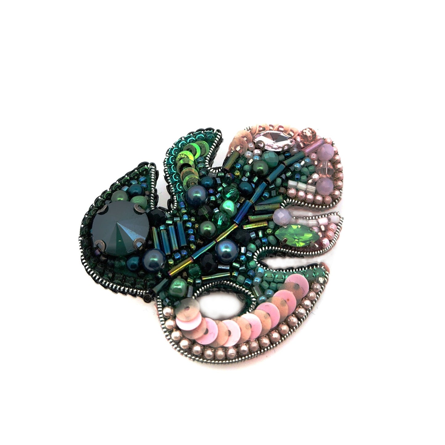 Green Monstera Leaf Beaded Brooch