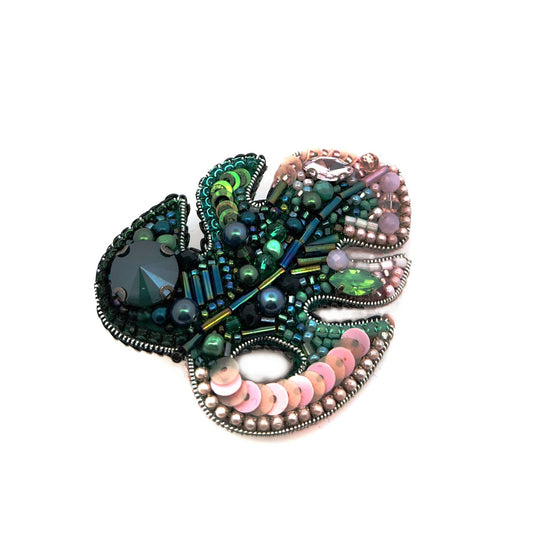 Green Monstera Leaf Beaded Brooch