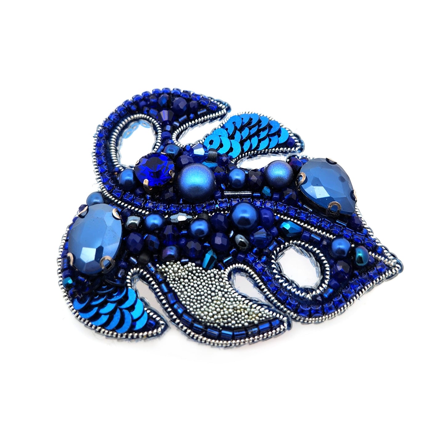 Blue Monstera Leaf Beaded Brooch