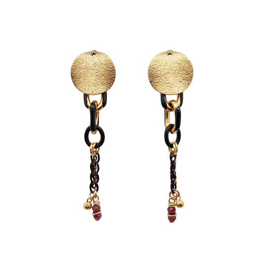 Textured Brass Chain Link & Garnet Earrings