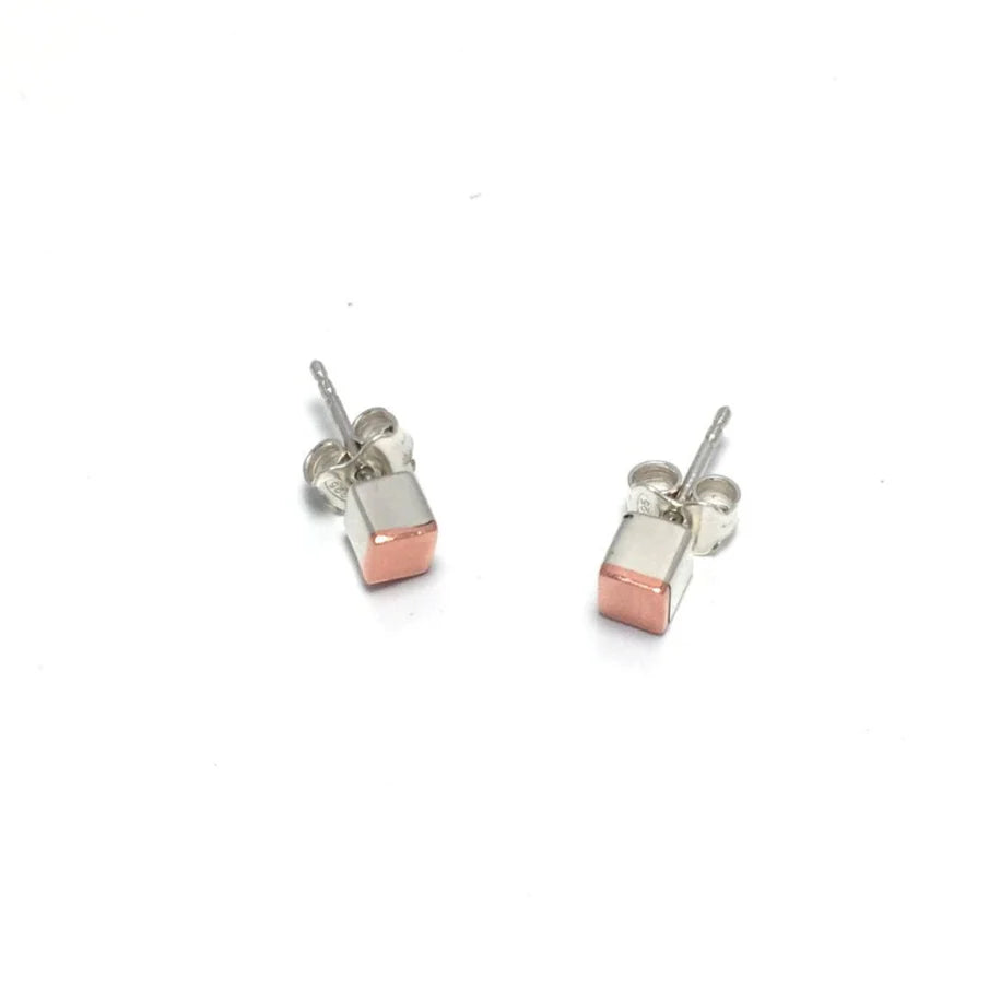 Cubed Silver and Copper Stud Earrings