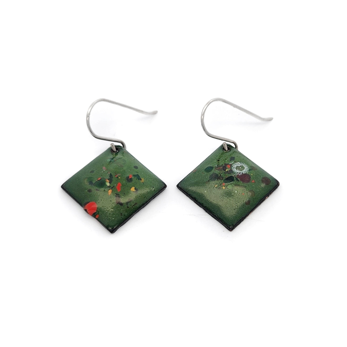 Square Green Enamel Confetti Earrings