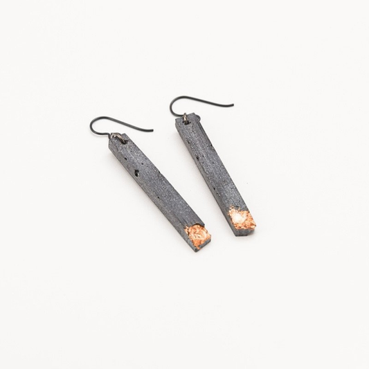 Copper Leaf Skinny Fractured Concrete Earrings