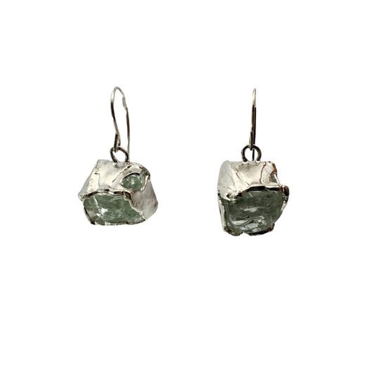 Sterling Silver Cube Earrings with Rough Glass