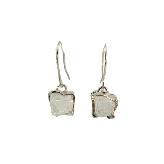 Sterling Silver Square Earrings with Rough Glass