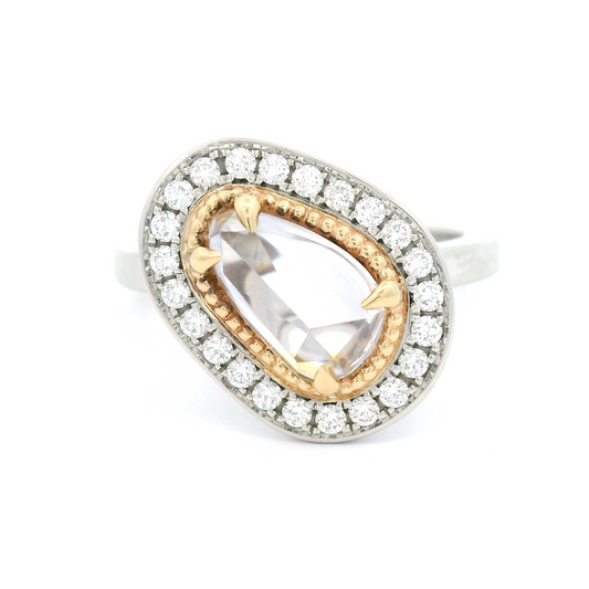 Platinum and 14k Yellow Ring with 1.25ct Free-Form Rose-Cut Sapphire and Accent Diamond Halo