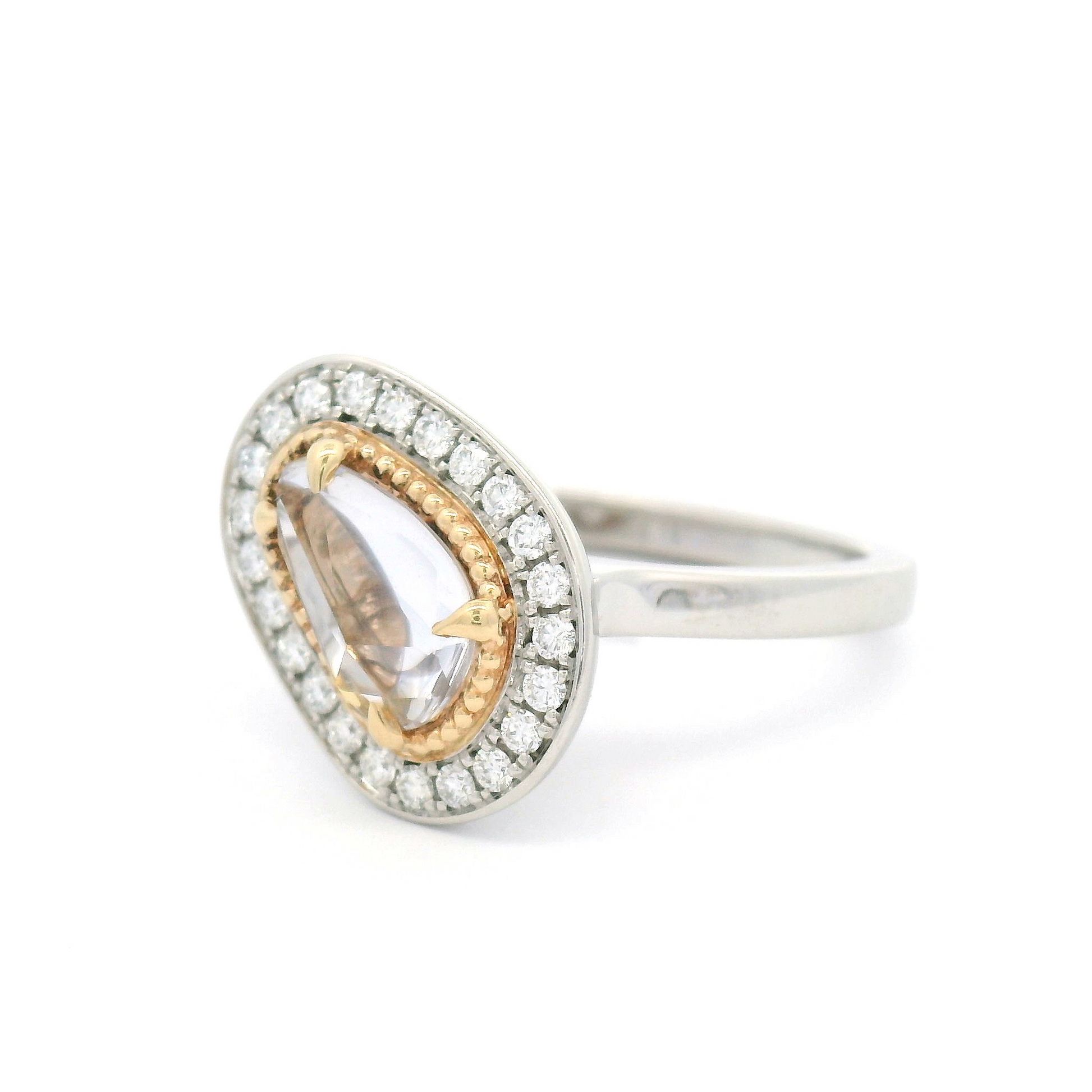 Platinum and 14k Yellow Ring with 1.25ct Free-Form Rose-Cut Sapphire and Accent Diamond Halo