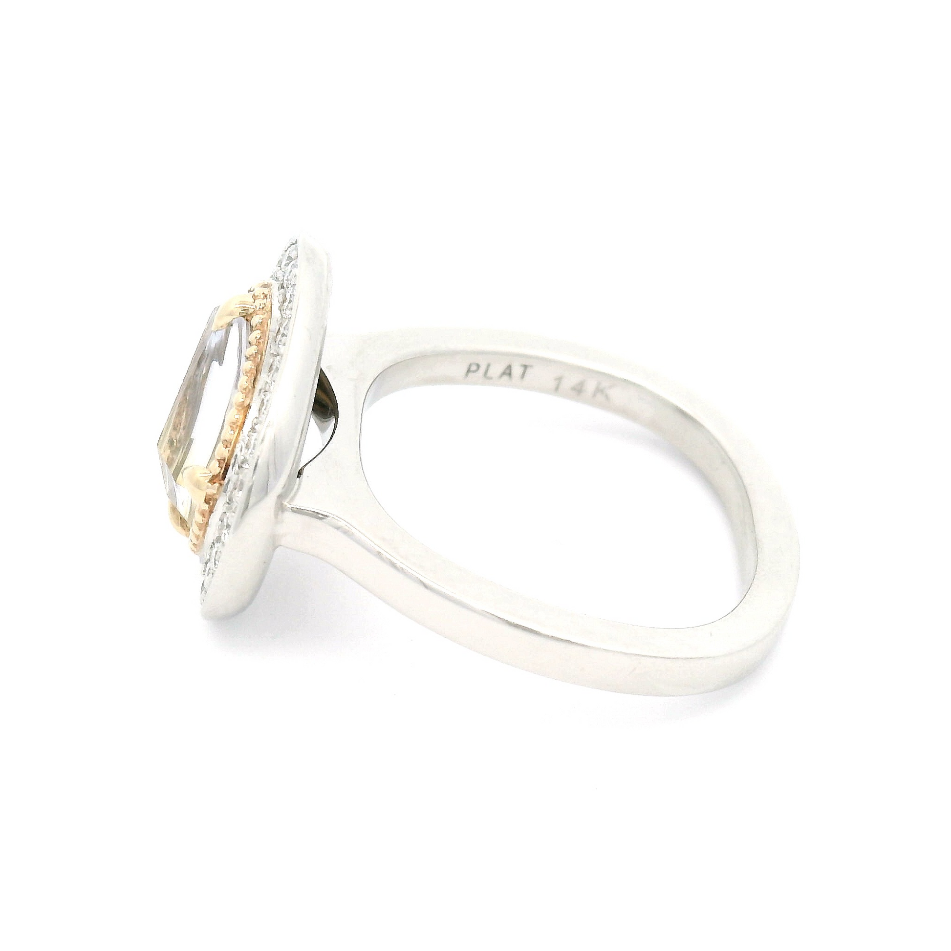 Platinum and 14k Yellow Ring with 1.25ct Free-Form Rose-Cut Sapphire and Accent Diamond Halo