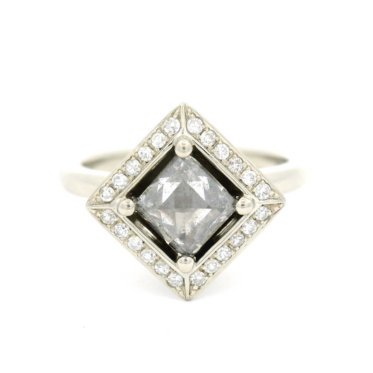 14k White Engagement Ring with 0.63ct Salt & Pepper Rose-Cut Diamond and Accent Diamonds