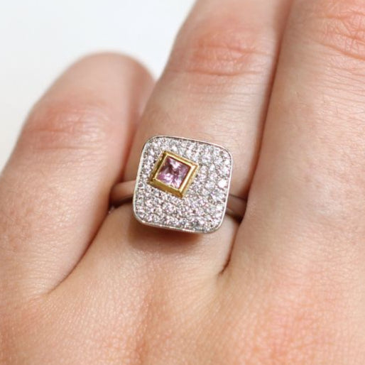 Platinum and 18k Yellow Pink Sapphire Diamond Engagement Ring