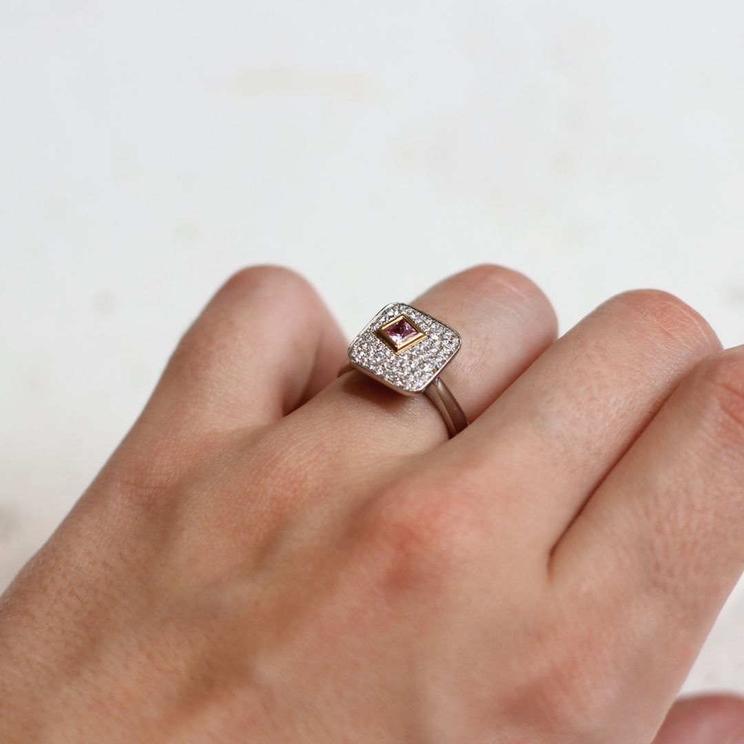 Platinum and 18k Yellow Pink Sapphire Diamond Engagement Ring