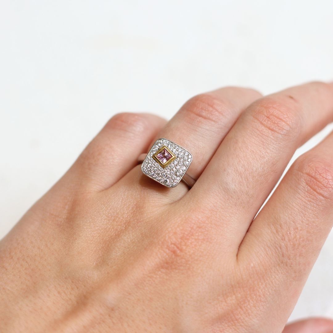 Platinum and 18k Yellow Pink Sapphire Diamond Engagement Ring