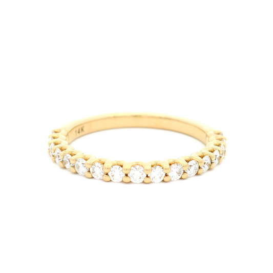 14k yellow ring with 0.425cts total weight of shared claw set diamonds.  Shown from a angle.