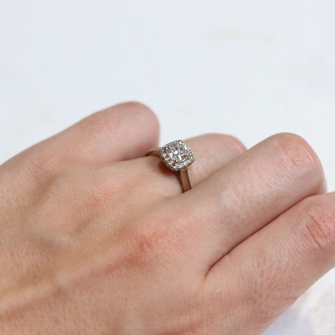14k White with 1.1ct Moissanite and Diamond Halo Engagement Ring