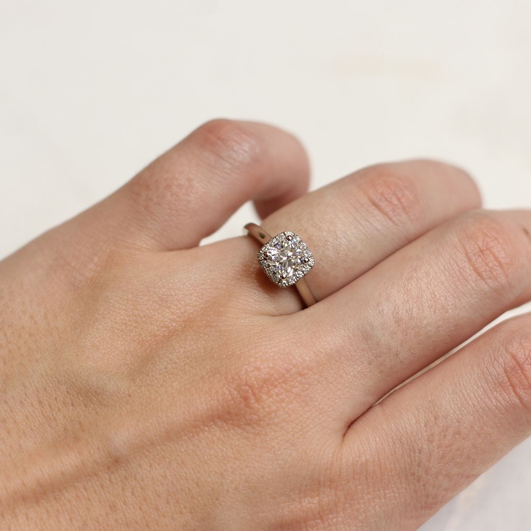 14k White with 1.1ct Moissanite and Diamond Halo Engagement Ring