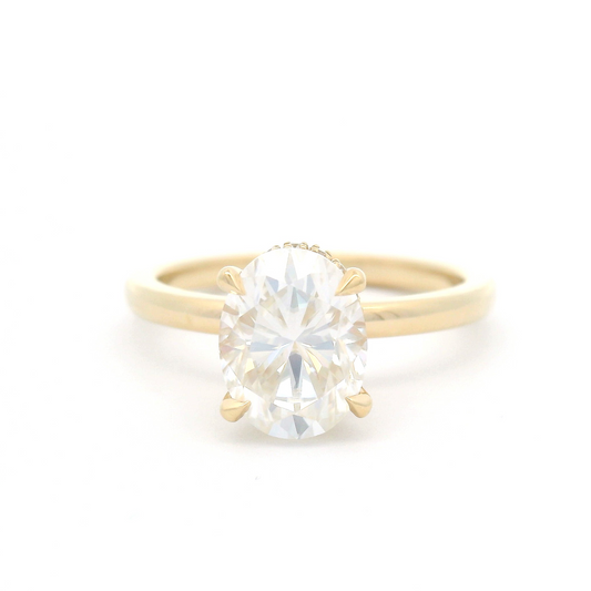14k Yellow Solitaire with 1.77ct Oval Moissanite and Hidden Accent Lab Diamond Halo