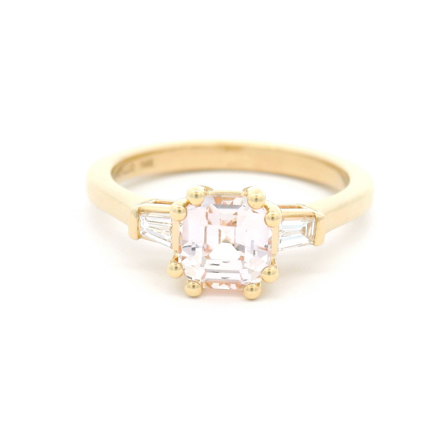 14k Yellow 3-Stone Ring with 1.26ct Light Pink Sapphire and Diamond Baguettes