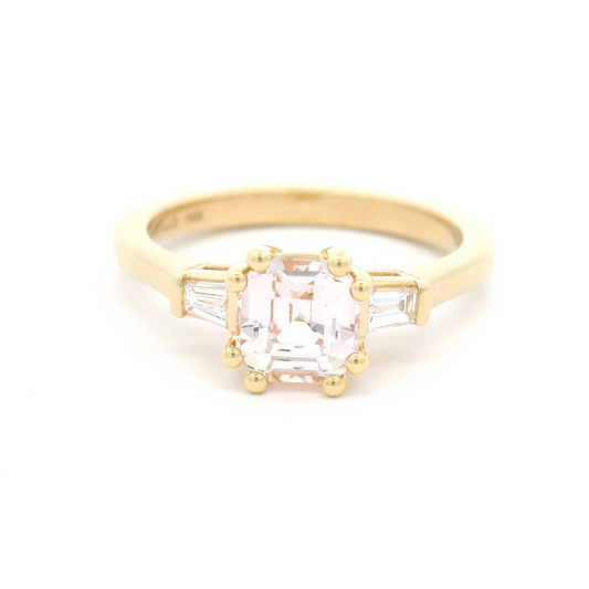 14k Yellow 3-Stone Ring with 1.26ct Light Pink Sapphire and Diamond Baguettes