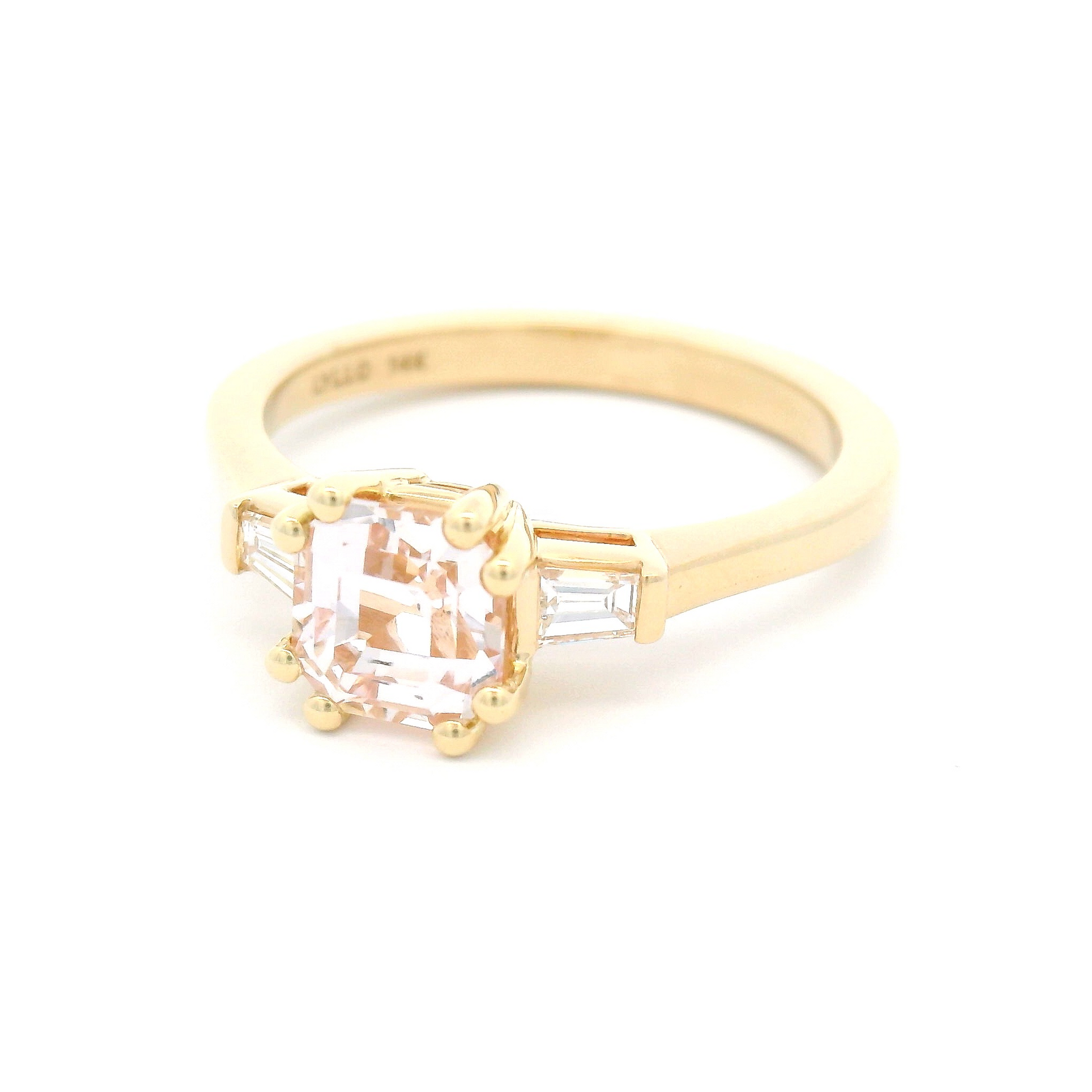 14k Yellow 3-Stone Ring with 1.26ct Light Pink Sapphire and Diamond Baguettes