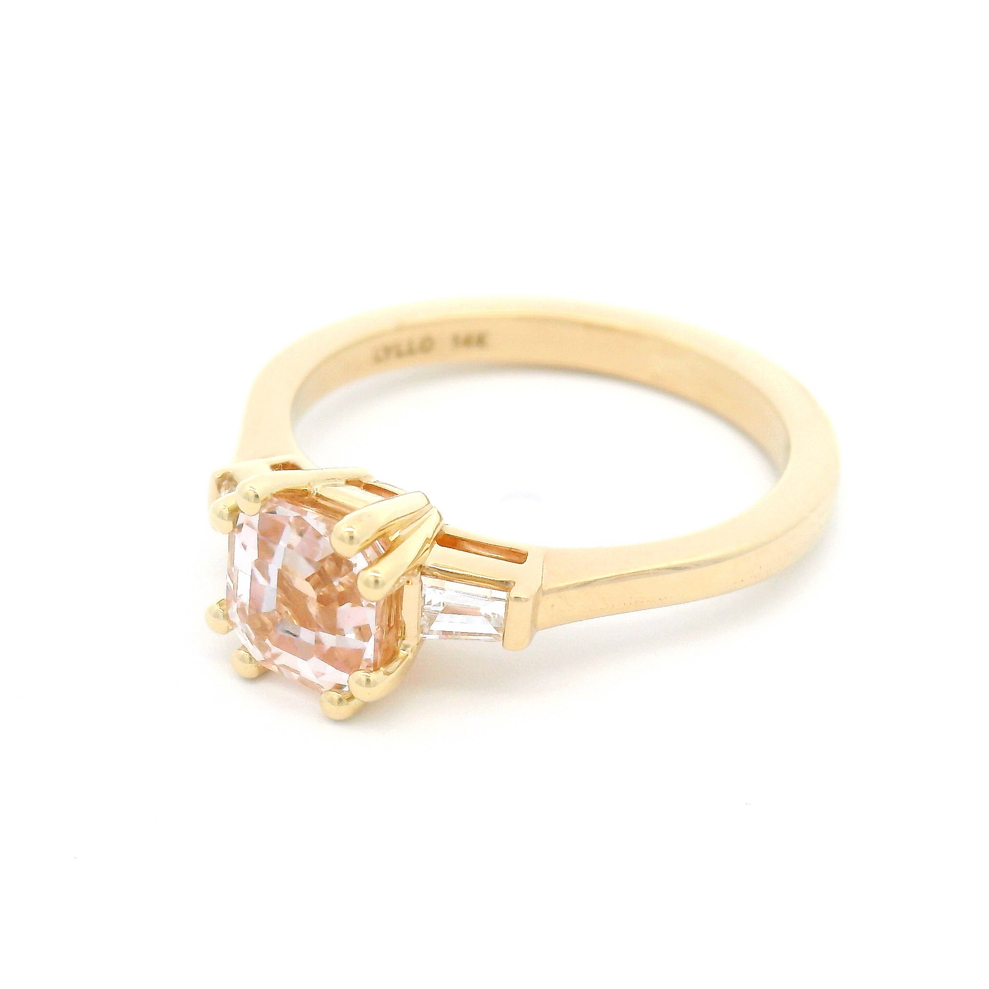 14k Yellow 3-Stone Ring with 1.26ct Light Pink Sapphire and Diamond Baguettes
