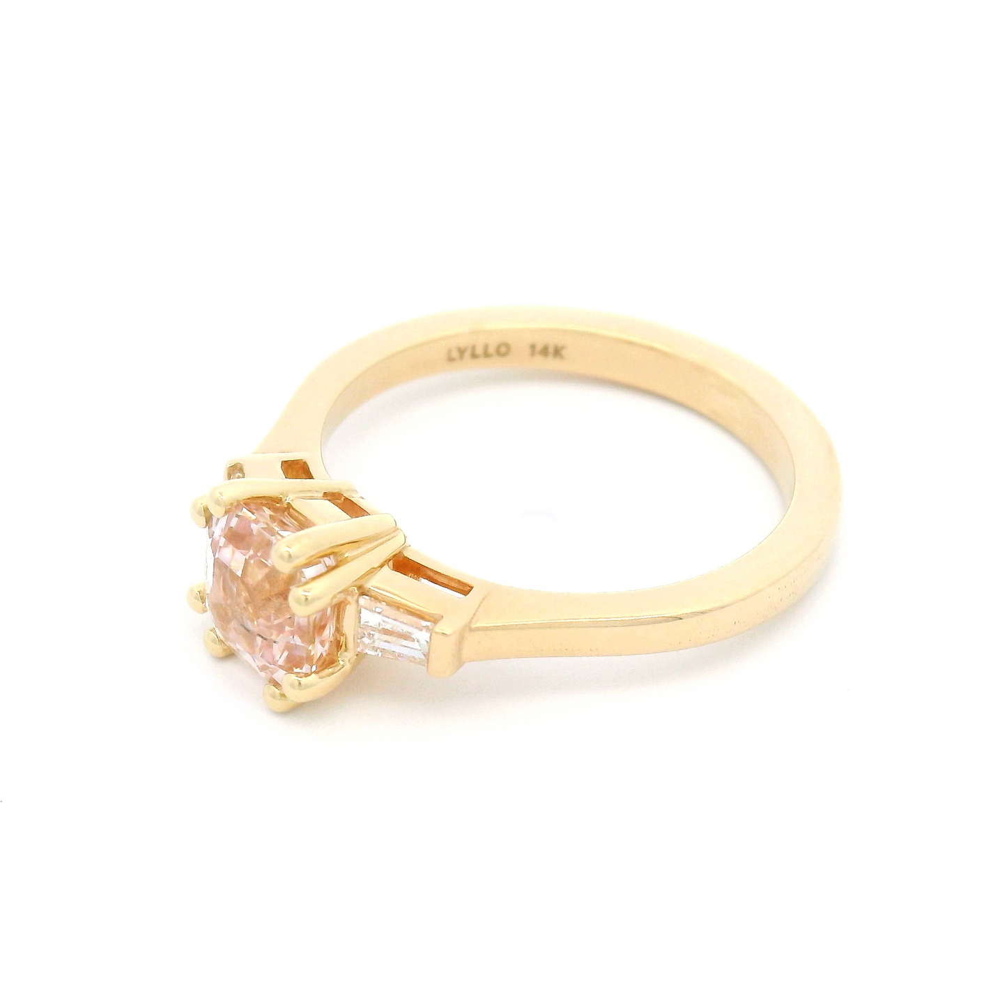 14k Yellow 3-Stone Ring with 1.26ct Light Pink Sapphire and Diamond Baguettes