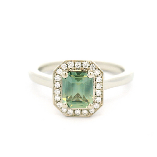 14k White Engagement Ring with 0.87ct Teal Sapphire and Accent Diamond Halo