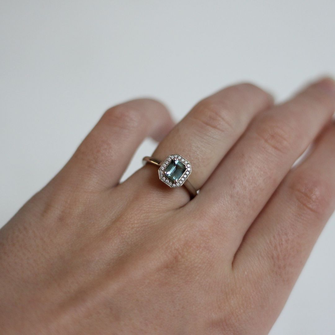 Teal Sapphire Diamond Halo Engagement Ring
