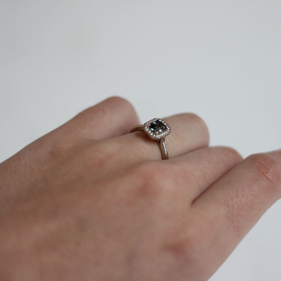 Teal Sapphire Diamond Halo Engagement Ring