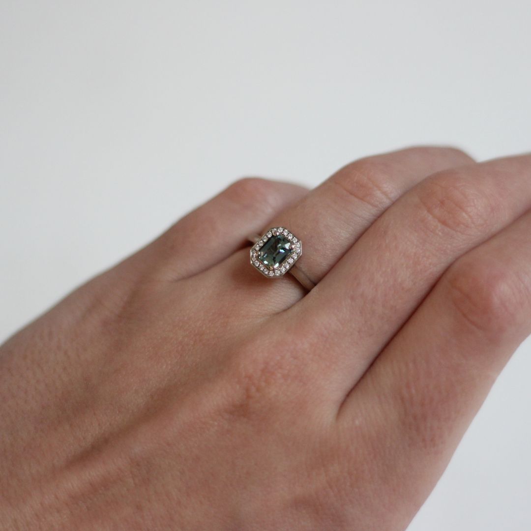 Teal Sapphire Diamond Halo Engagement Ring