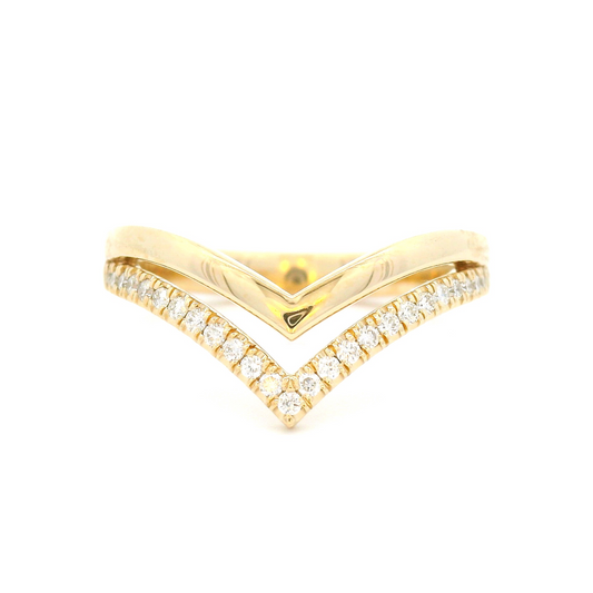 14k yellow double chevron ring set with 0.13cts total weight of diamonds.