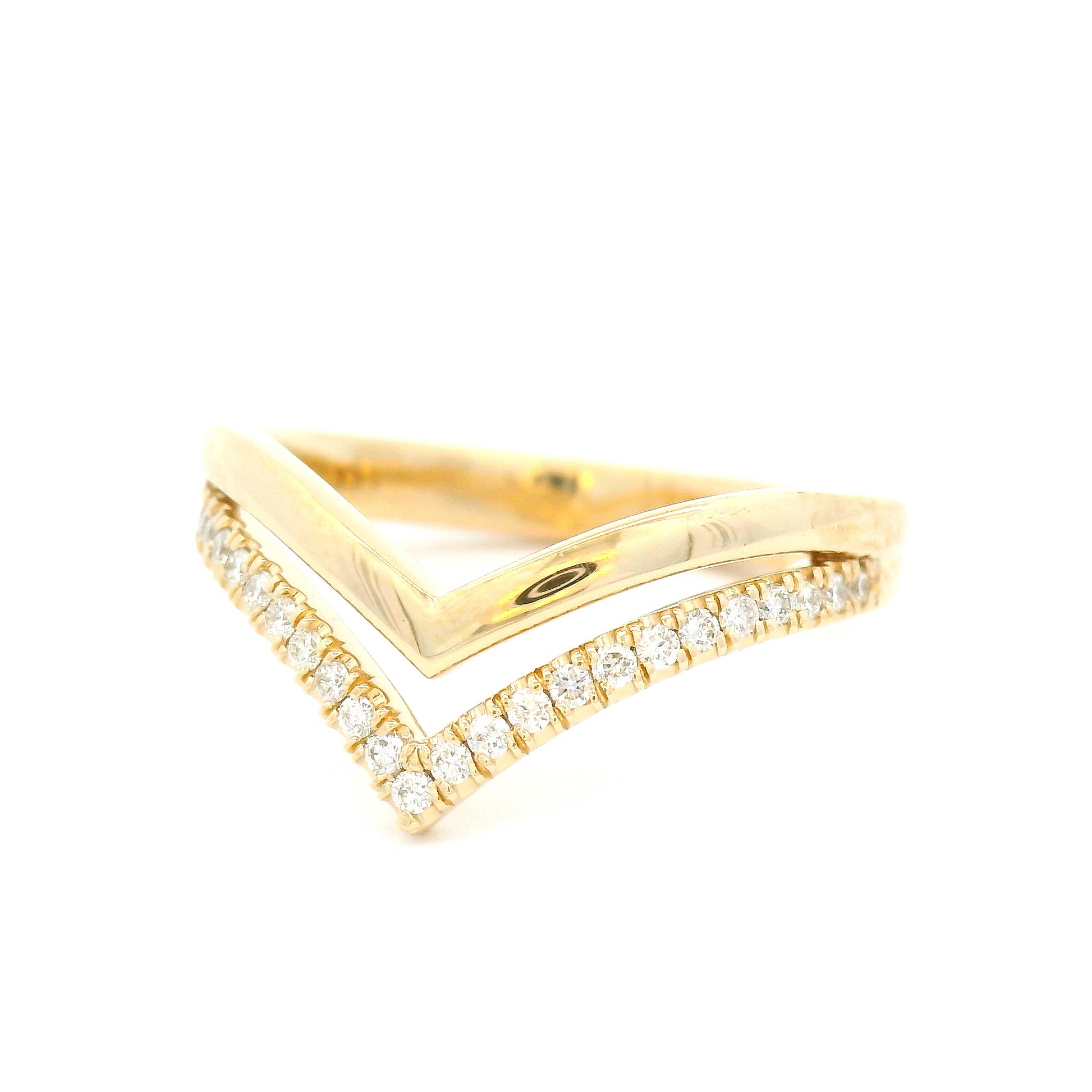 14k yellow double chevron ring set with 0.13cts total weight of diamonds.