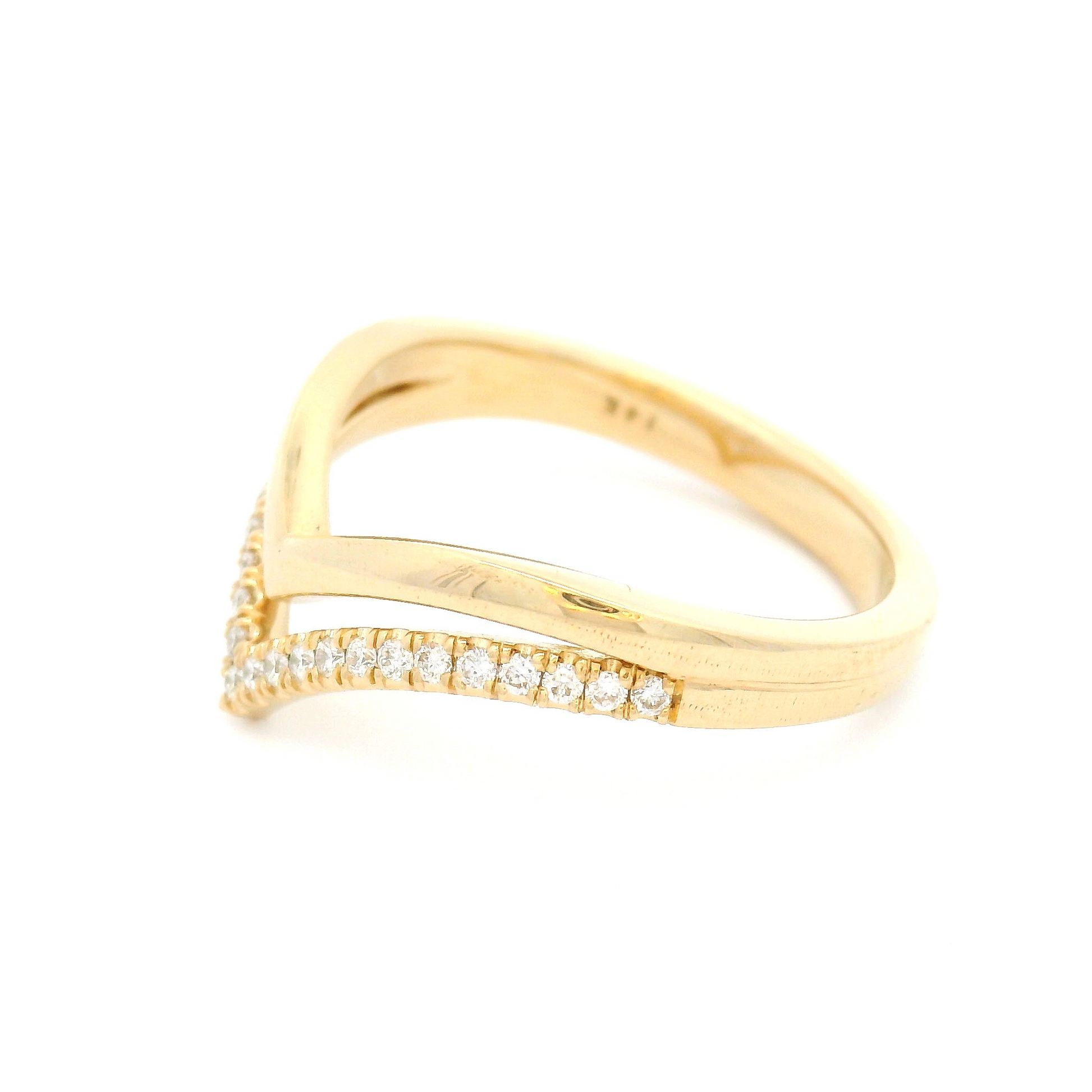 14k yellow double chevron ring set with 0.13cts total weight of diamonds.
