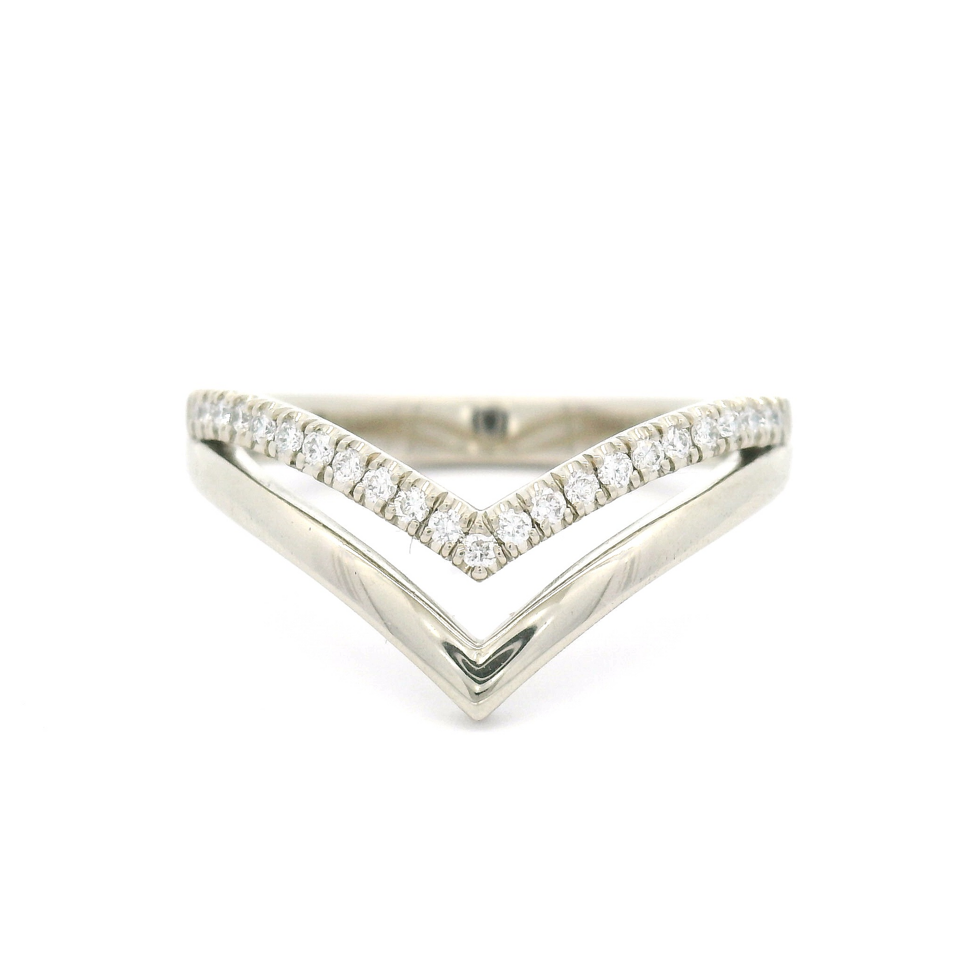 14k White Gold Double Chevron Wedding Band Featuring Natural Diamonds