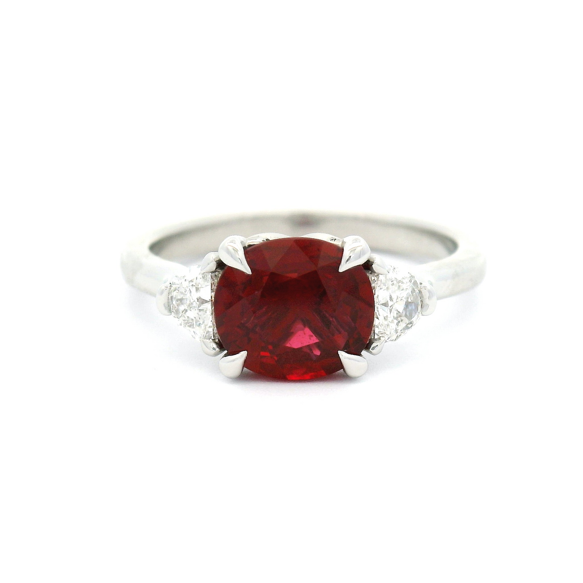 Platinum Three-Stone Ring with Natural 1.6ct Cushion-Cut Ruby & 1/2 Moon Diamonds