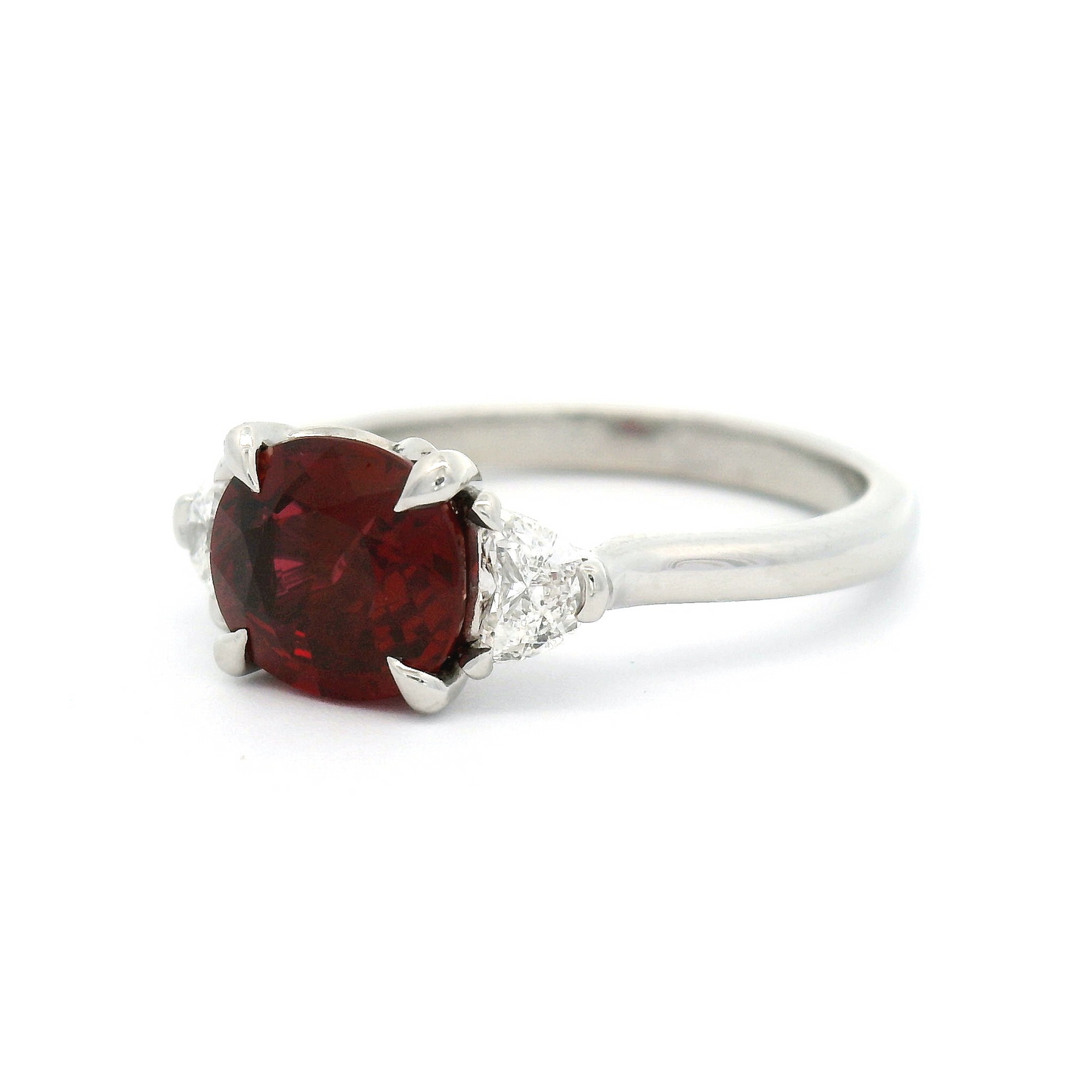 Platinum Three-Stone Ring with Natural 1.6ct Cushion-Cut Ruby & 1/2 Moon Diamonds