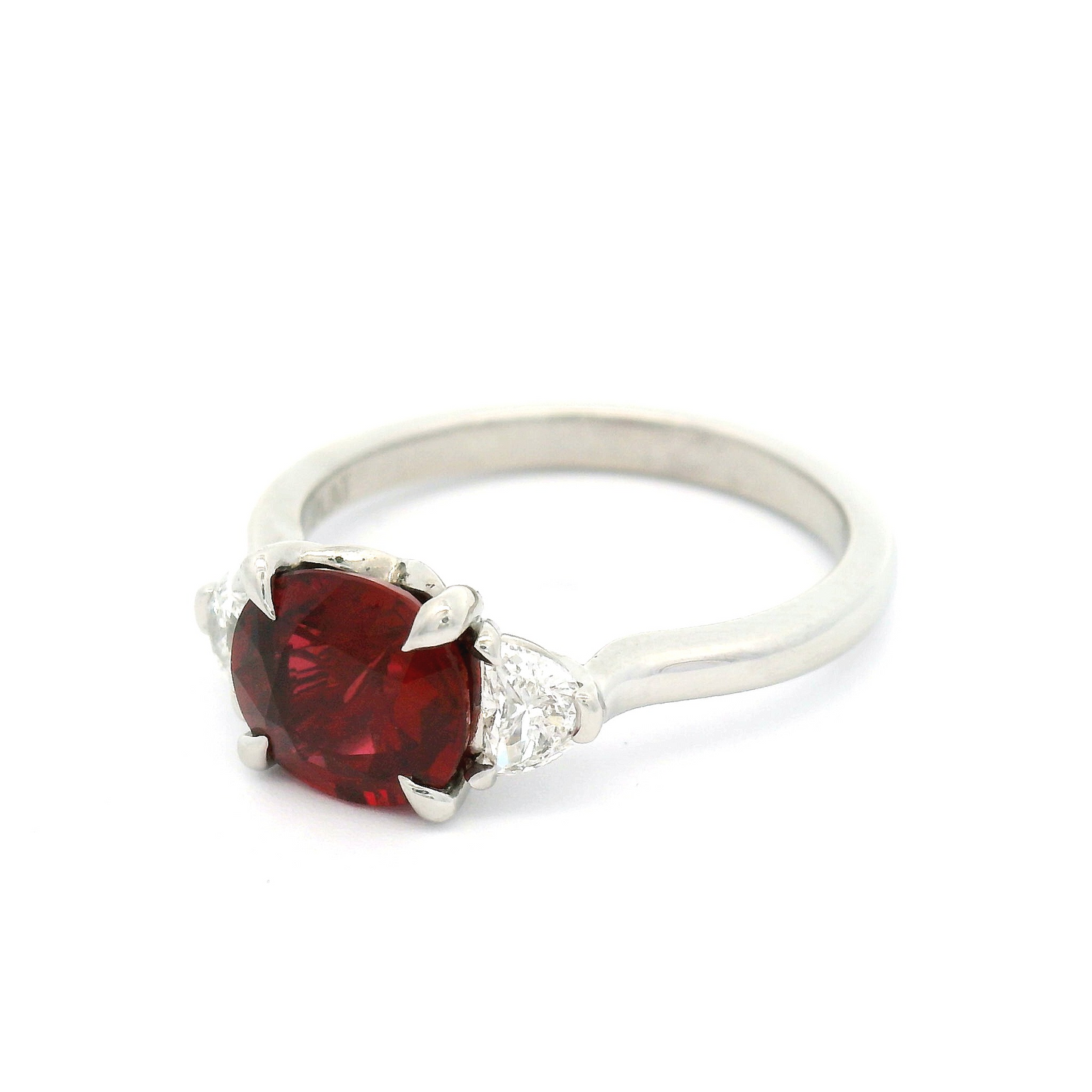 Platinum Three-Stone Ring with Natural 1.6ct Cushion-Cut Ruby & 1/2 Moon Diamonds