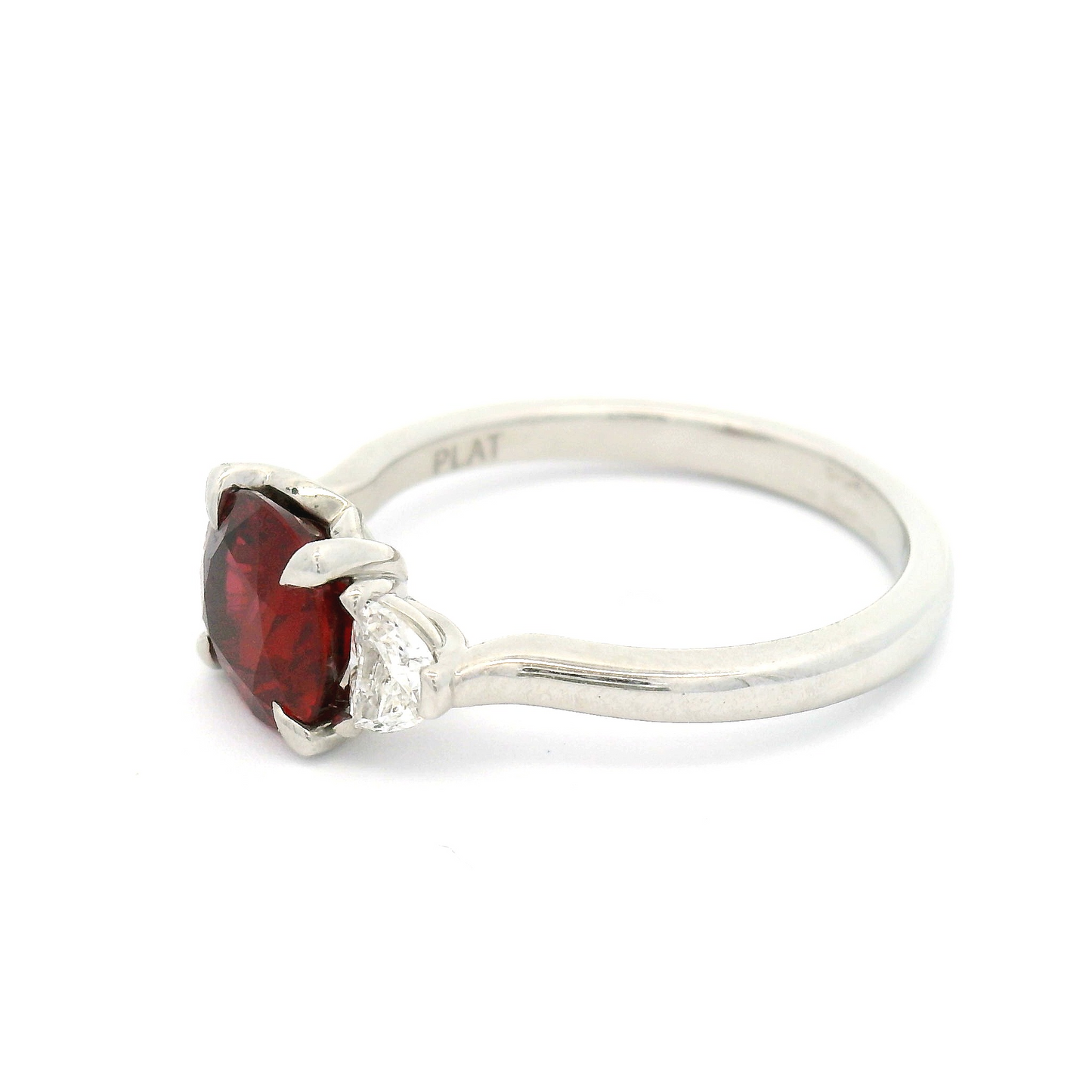 Platinum Three-Stone Ring with Natural 1.6ct Cushion-Cut Ruby & 1/2 Moon Diamonds