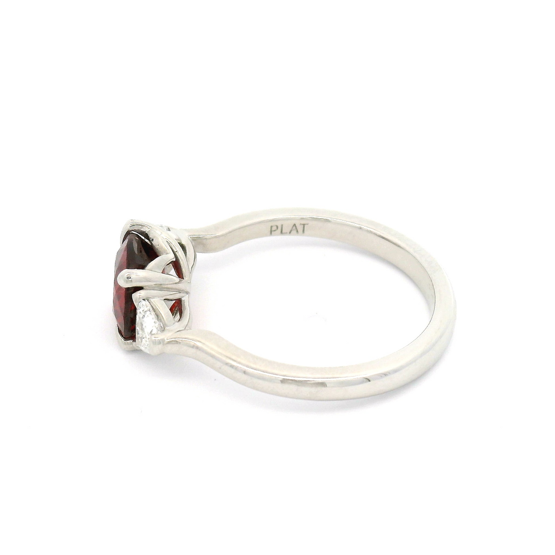 Platinum Three-Stone Ring with Natural 1.6ct Cushion-Cut Ruby & 1/2 Moon Diamonds