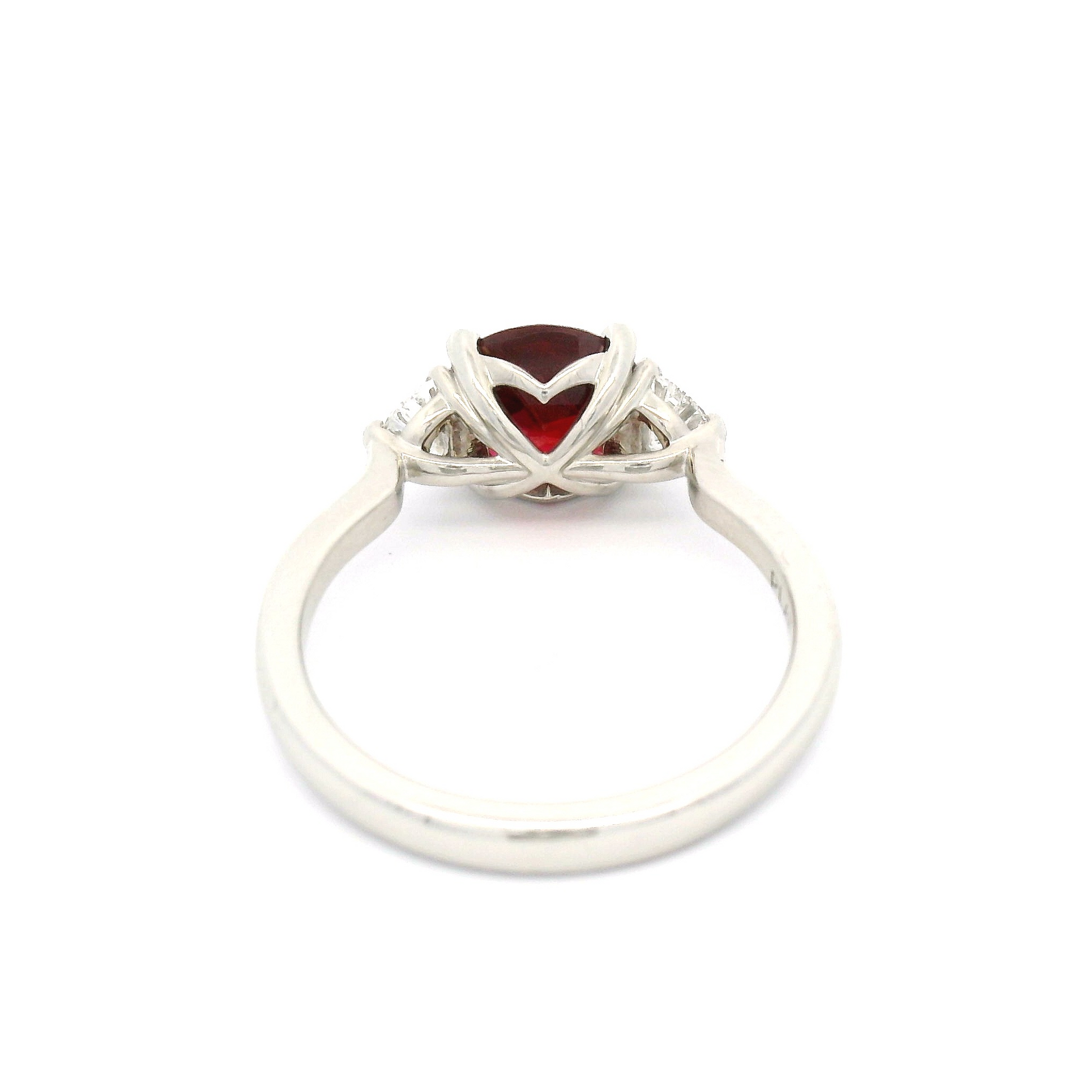 Platinum Three-Stone Ring with Natural 1.6ct Cushion-Cut Ruby & 1/2 Moon Diamonds