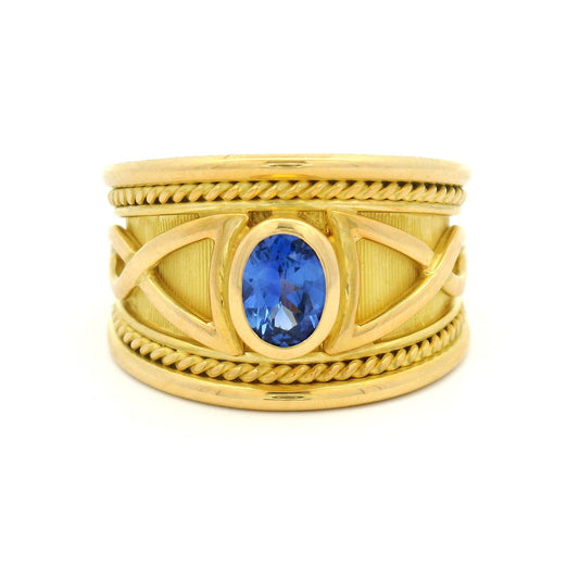 18k Yellow Engraved Ring with Natural 0.54ct Oval Blue Sapphire