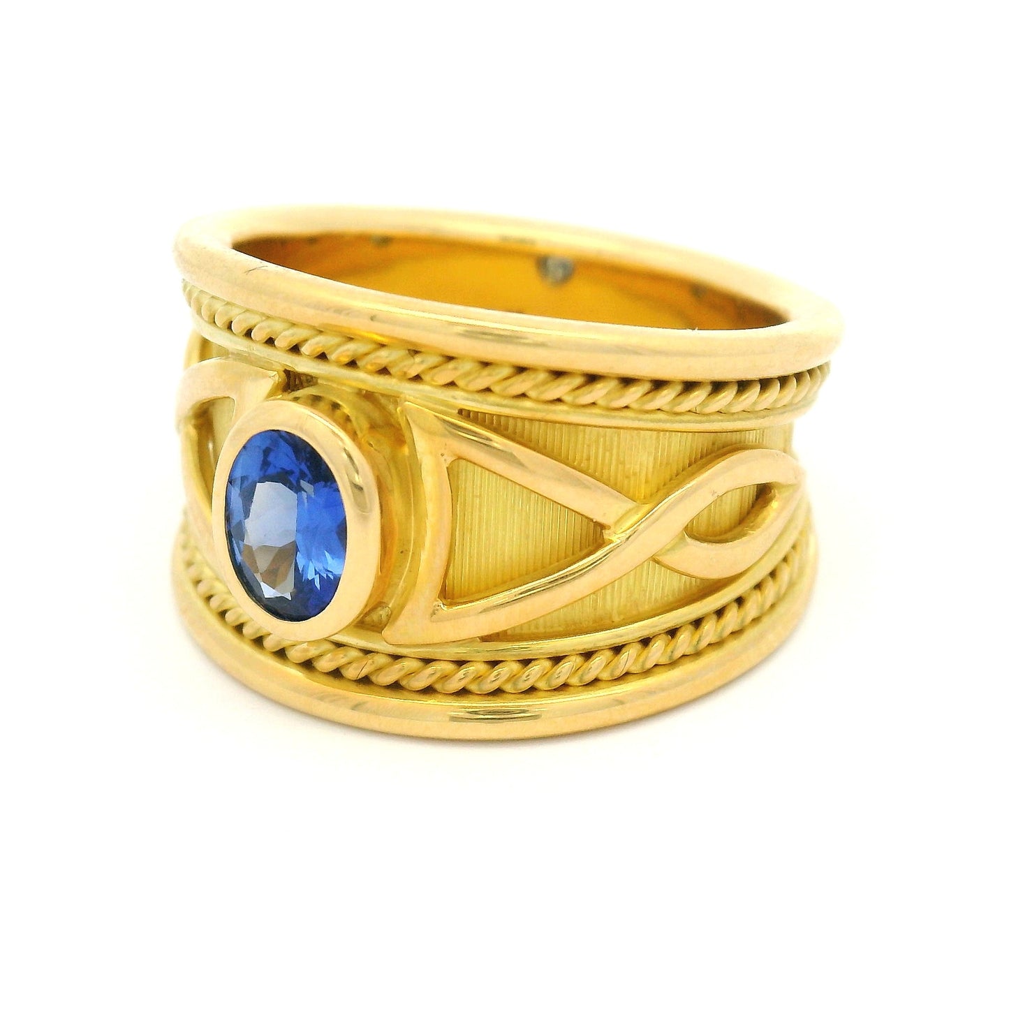 18k Yellow Engraved Ring with Natural 0.54ct Oval Blue Sapphire
