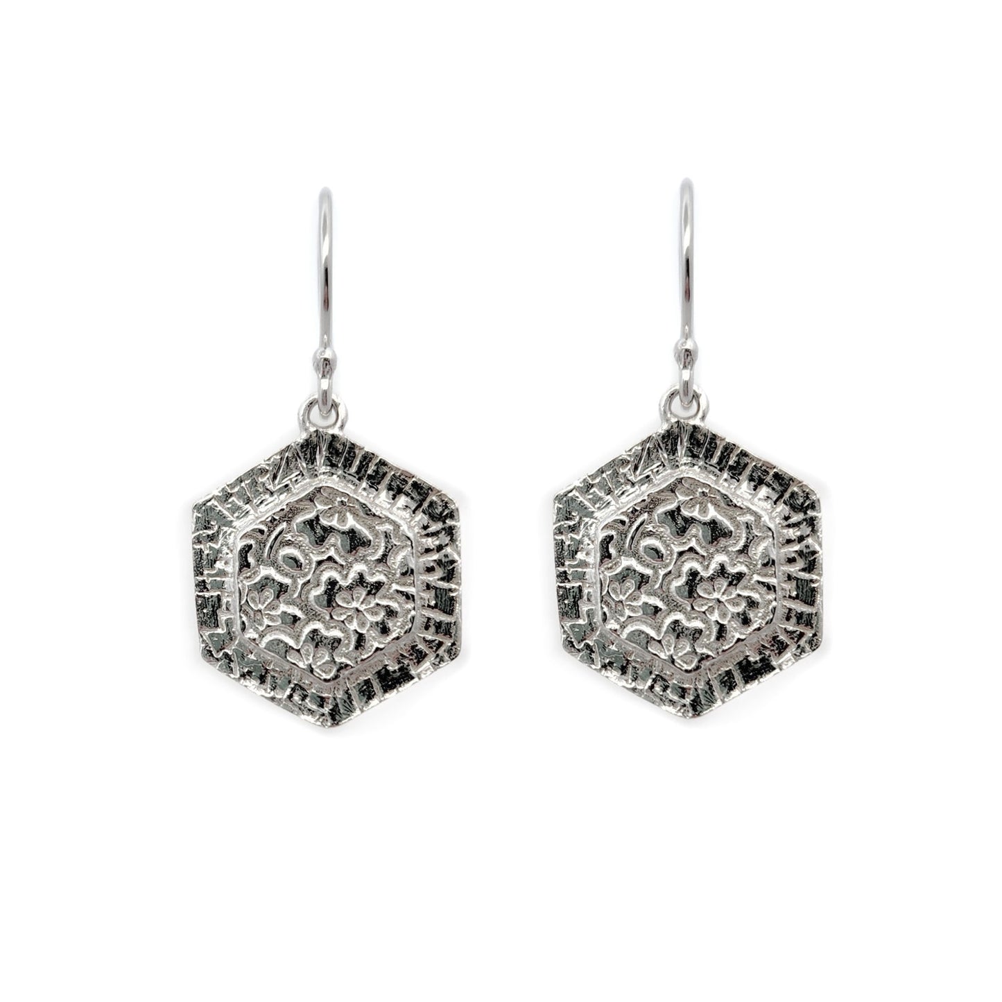 Bojagi Silver Hexagon Drop Earrings