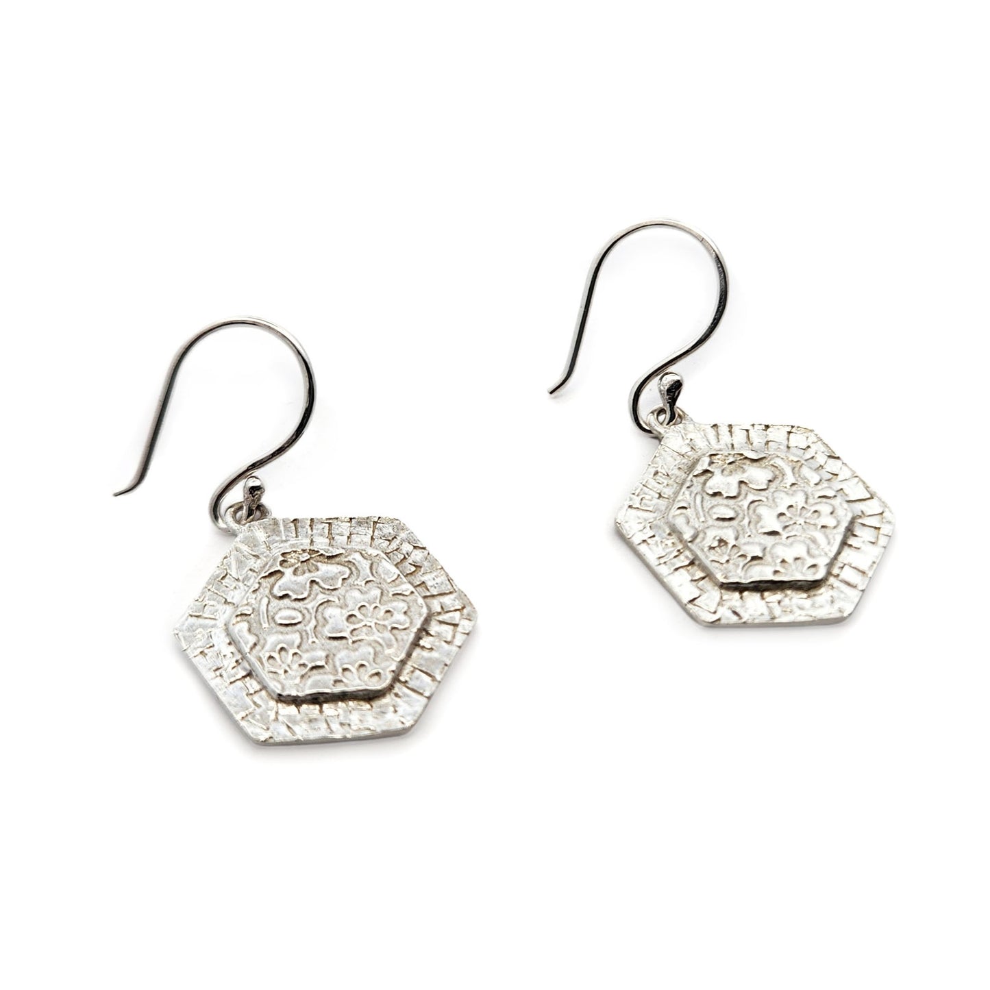 Bojagi Silver Hexagon Drop Earrings