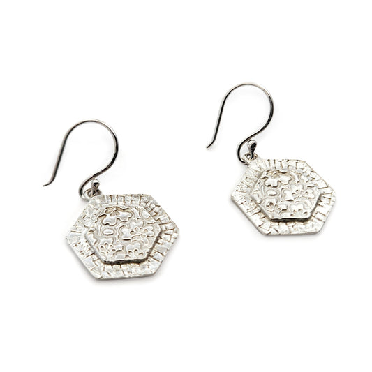 Bojagi Silver Hexagon Drop Earrings