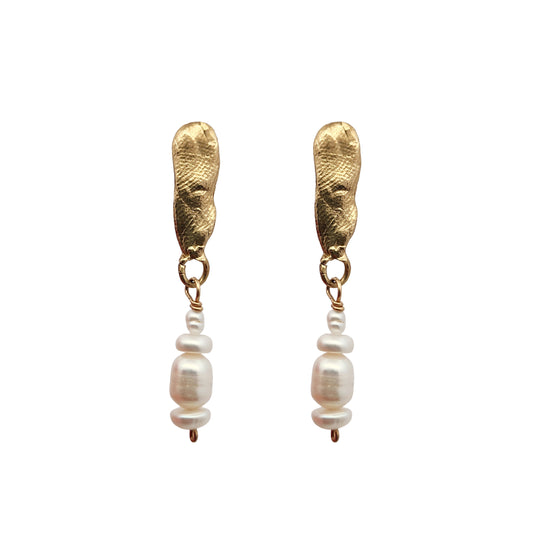 Brass Organic Long Pearl Drop Earrings