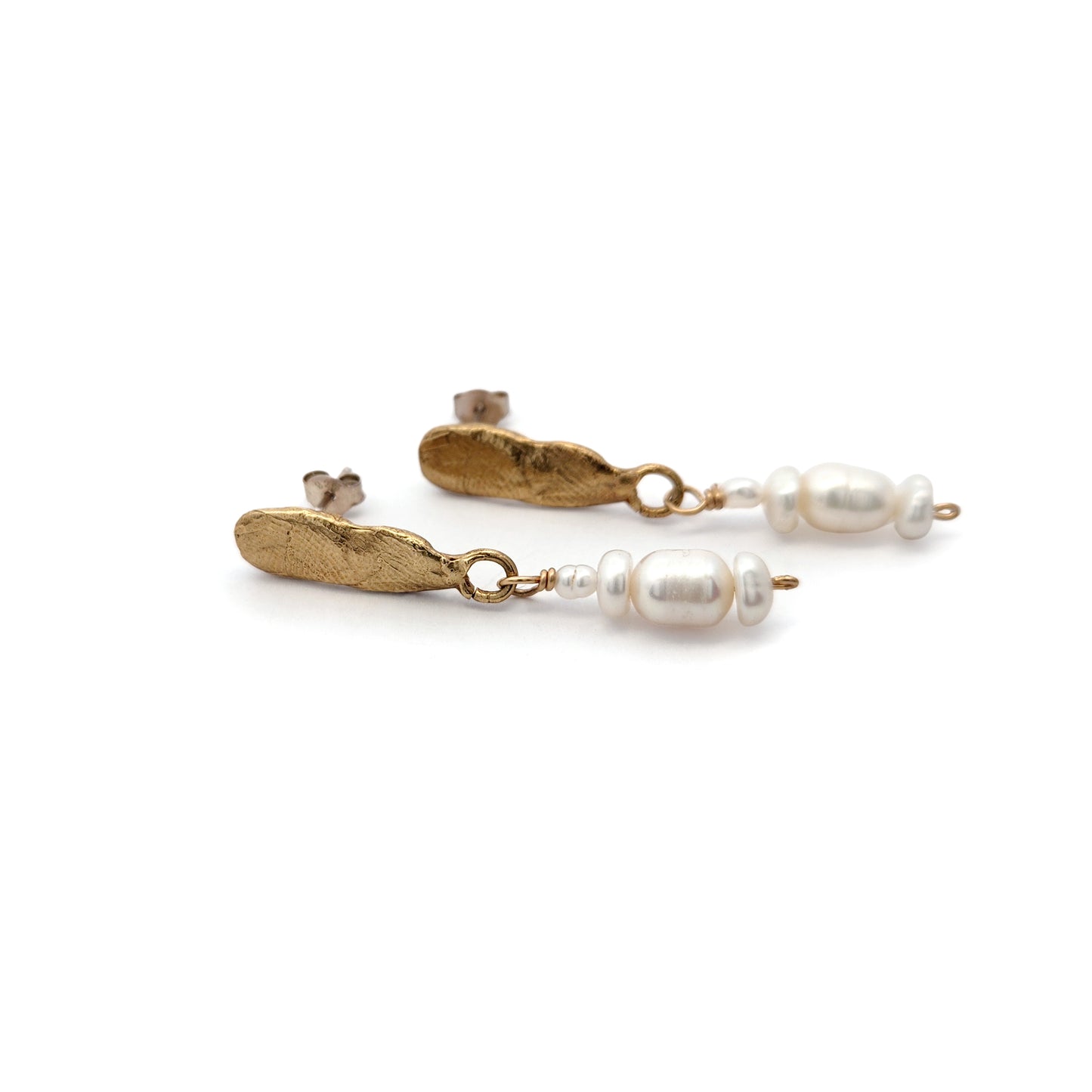 Brass Organic Long Pearl Drop Earrings