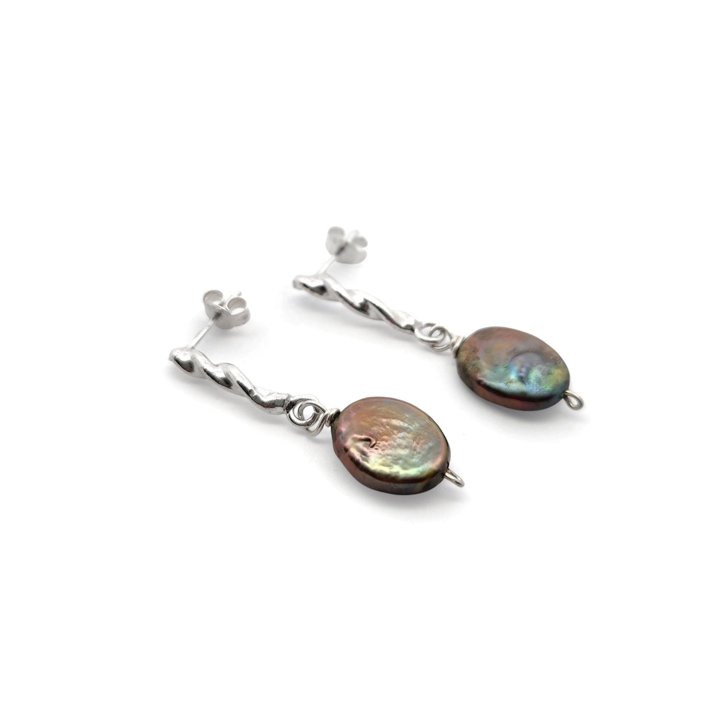 Twisted Sterling Silver Brown Pearl Drop Earrings