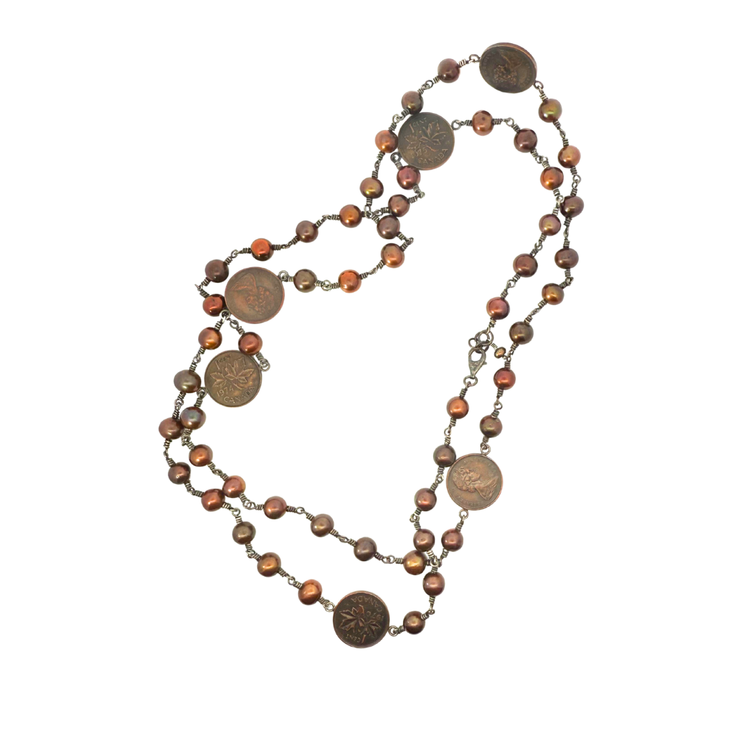 Pearls & Canadian Pennies Long Necklace