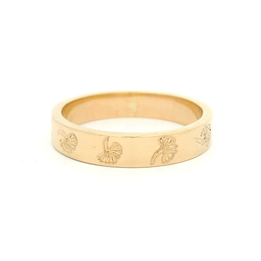 14K Yellow Gold 4mm Wide Flat Band with Engraved Ginkgo Leaf